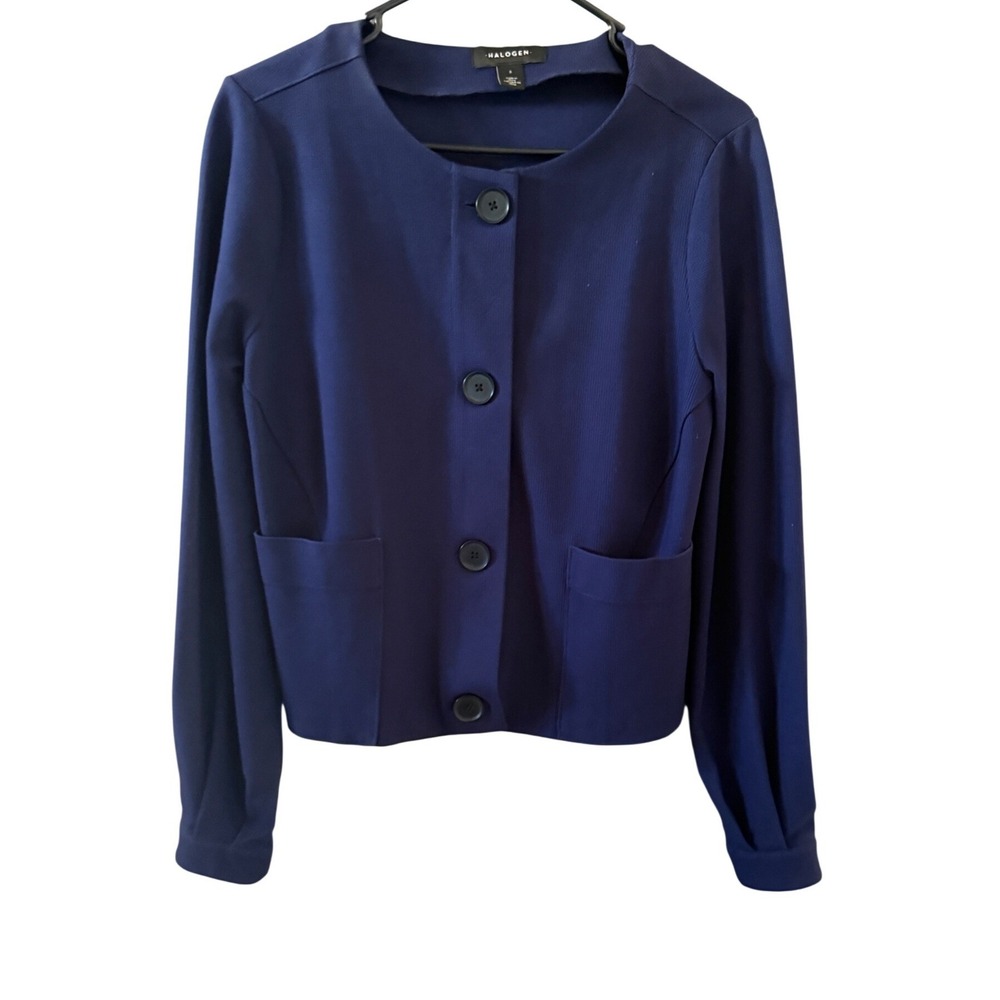 Halogen Womens Navy Blue Button Front Textured Ponte Knit Jacket Size S Career